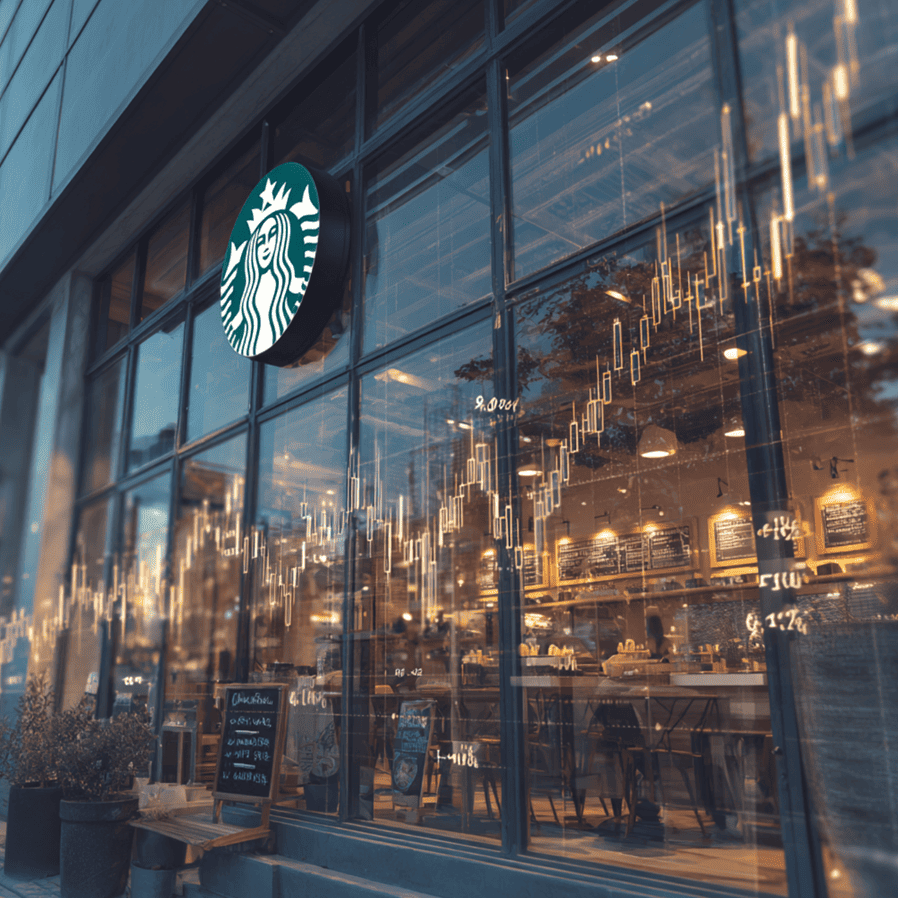 Starbucks café window with reflected protest signs and a falling stock chart, symbolizing the 2023–2024 boycott-driven market decline.
