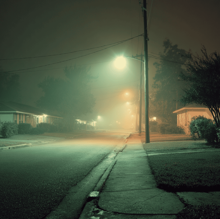 Nighttime Texas street where residents have reported the unexplained low-frequency Texas Hum.