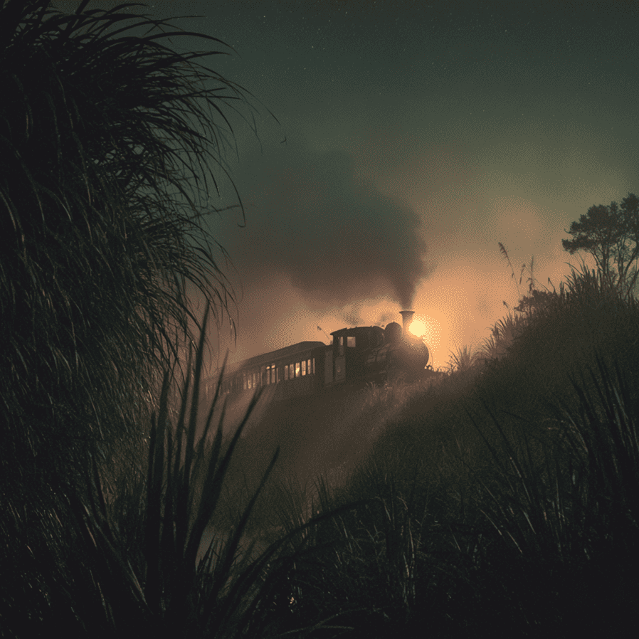Foggy New Zealand rail corridor with a faint ghostly outline of a steam locomotive, representing the country’s Ghost Train sightings.
