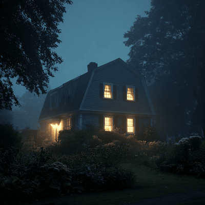 The Amityville Dutch Colonial house at night with glowing windows, representing the famous and controversial haunting claims.