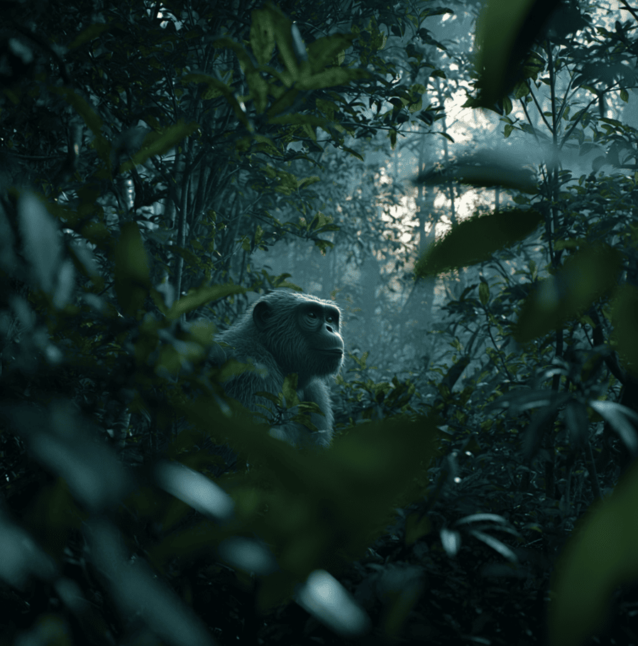 Depiction of the Bukit Timah Monkey Man standing in the dense forest of Singapore’s nature reserve