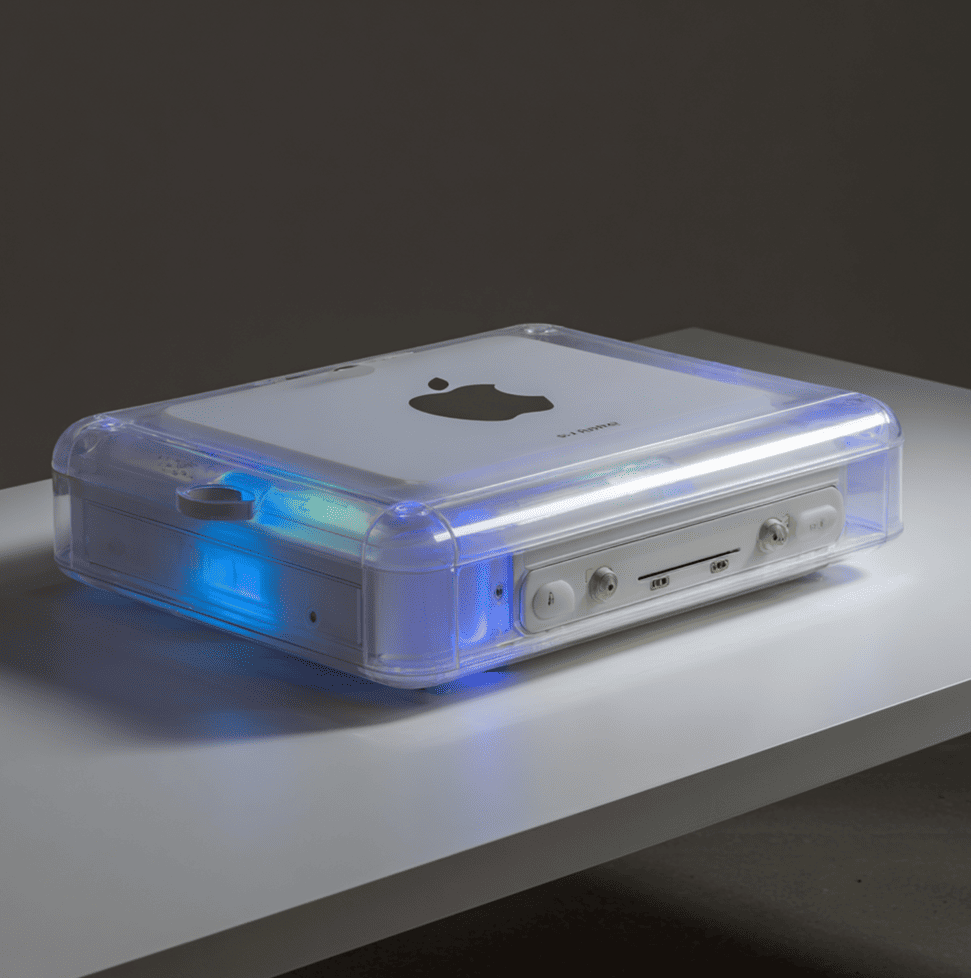 Imagined Apple Pippin 2 style prototype console with translucent edges, representing the rumored successor that never left Cupertino.