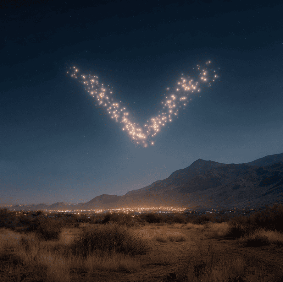 Representation of the 1997 Phoenix Lights: a V-shaped formation of glowing lights over the Arizona night sky