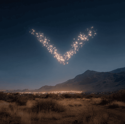 Representation of the 1997 Phoenix Lights: a V-shaped formation of glowing lights over the Arizona night sky