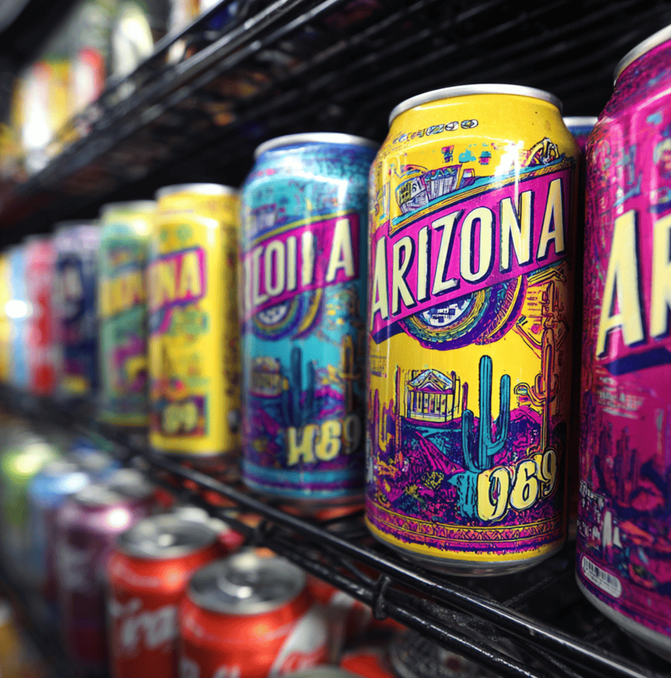 A row of tall AriZona cans in a store cooler showing their bold Southwest inspired designs and the printed 99¢ price.