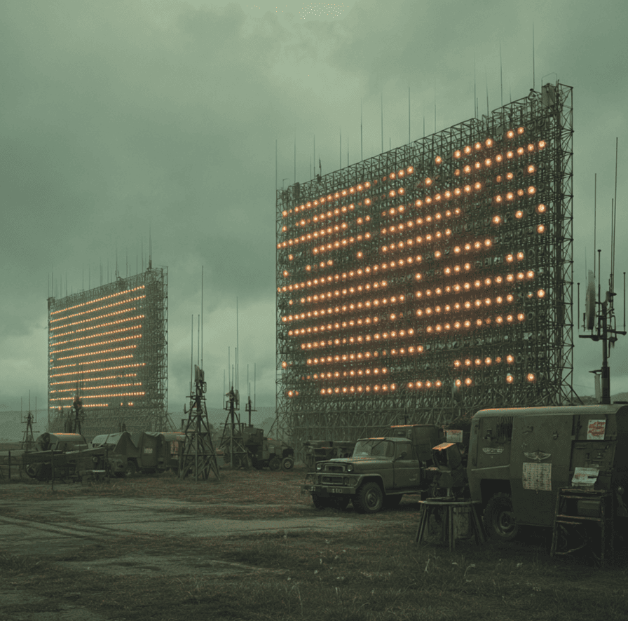 Vintage military acoustic test site with phased-array speakers forming a directional sound wall for experimental crowd-control research.