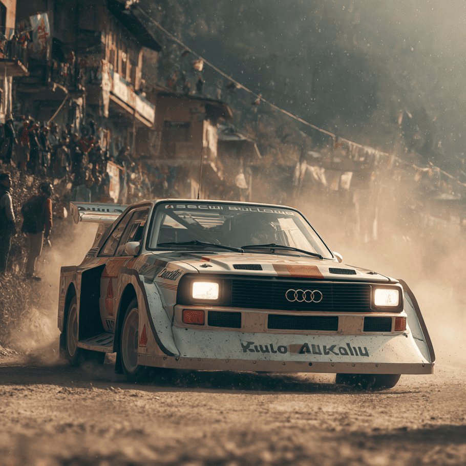 Audi Quattro S1 E2 Group B rally car with extreme aero and turbo power, racing on a mountain stage.