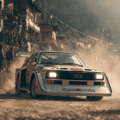 Audi Quattro S1 E2 Group B rally car with extreme aero and turbo power, racing on a mountain stage.