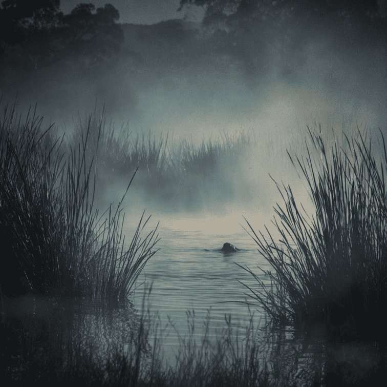 Illustration of a mysterious creature beneath the surface of an Australian billabong, referencing bunyip folklore.
