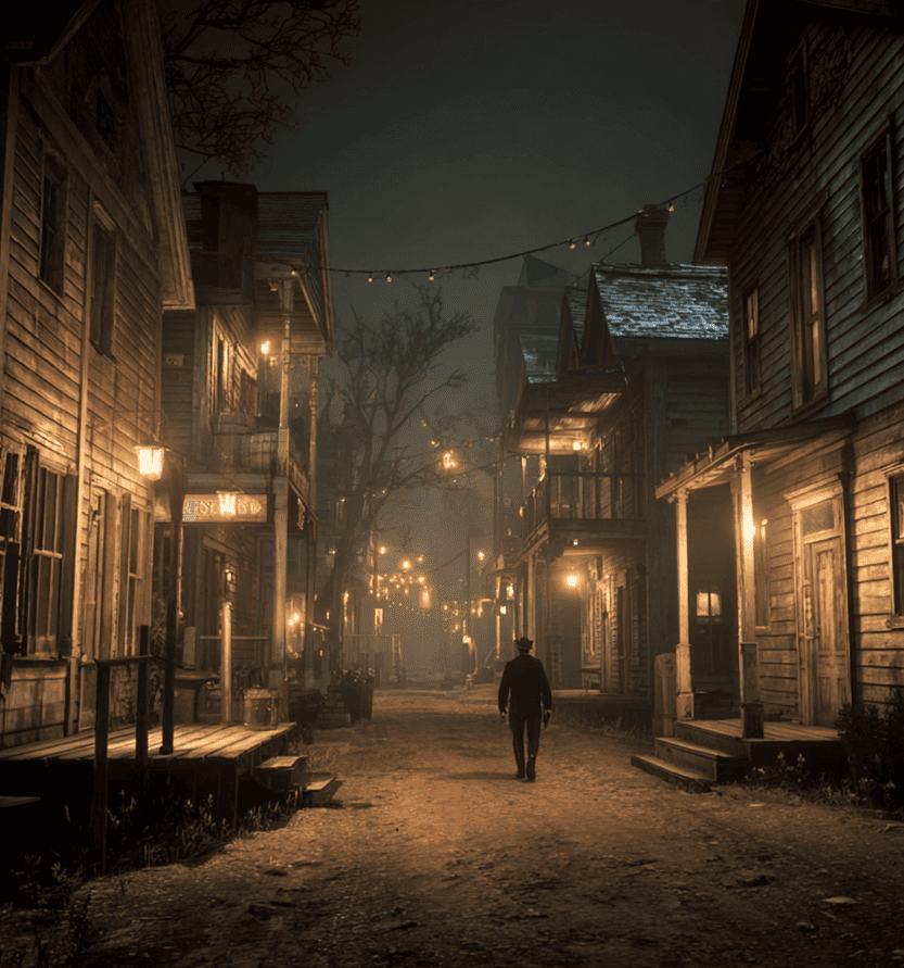 Shadowy figure on an 1880s Austin street representing the Midnight Assassin murders