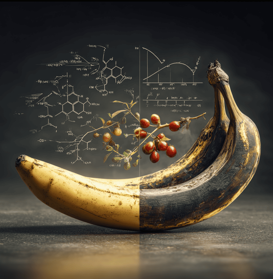 Diagram showing ethylene-driven ripening next to fresh and overripe fruit, illustrating how climacteric fruits can ripen themselves to collapse