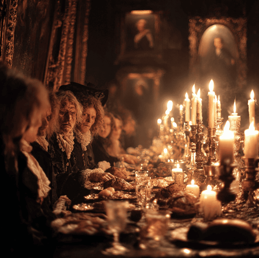 1818 Bavarian banquet scene with guests experiencing hallucinations after suspected ergot-contaminated rye bread.