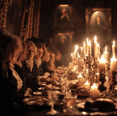 1818 Bavarian banquet scene with guests experiencing hallucinations after suspected ergot-contaminated rye bread.