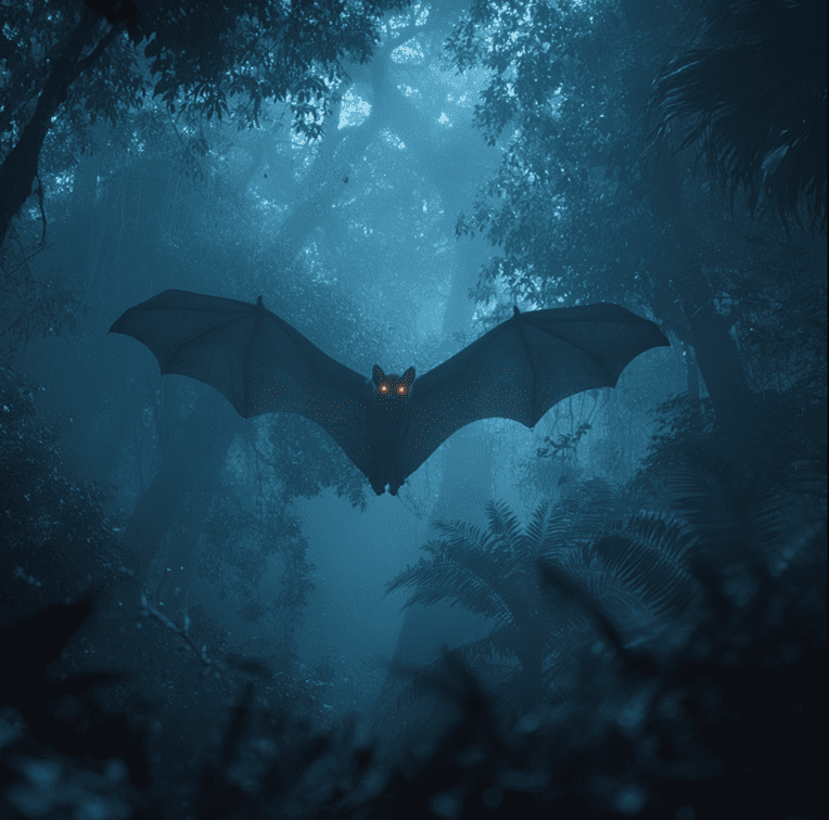 a giant bat-like creature flying above the rainforest, representing the Ahool cryptid