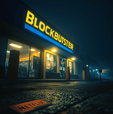Blockbuster store contrasted with a Netflix DVD envelope, symbolizing the failed acquisition decision.