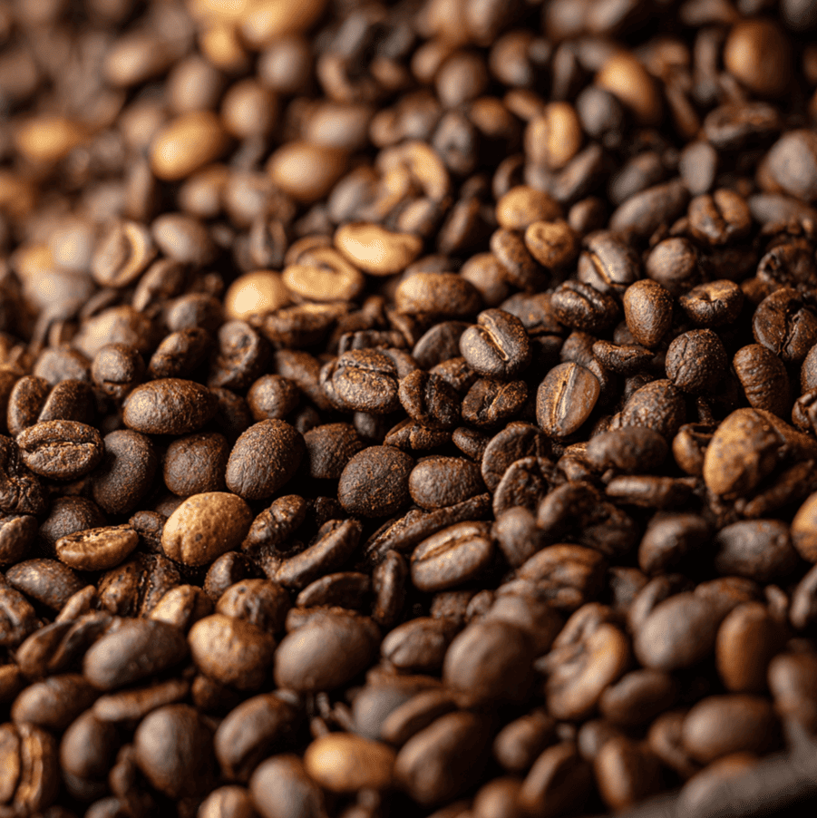 Coffee beans changing color during roasting, highlighting the Maillard and caramelization stages that transform sugars.