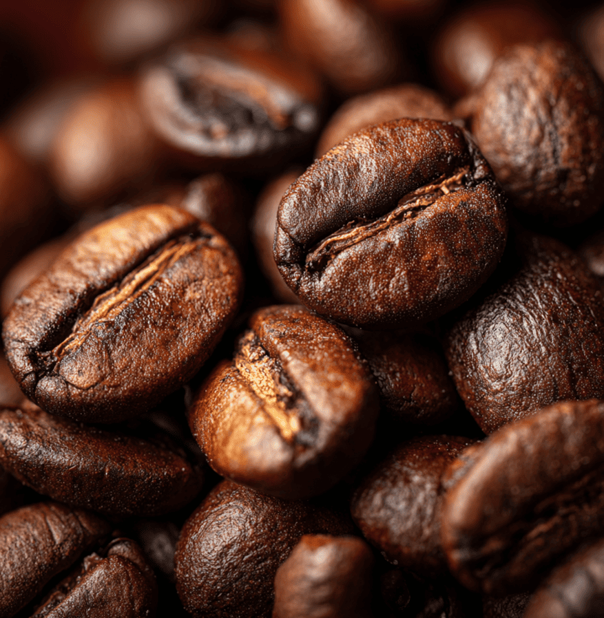 Close-up of roasted coffee beans showing surface oils oxidizing as they begin to stale.