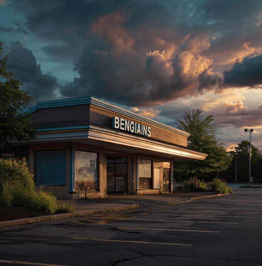 Closed Bennigan’s restaurant showing faded signage after the chain’s collapse.