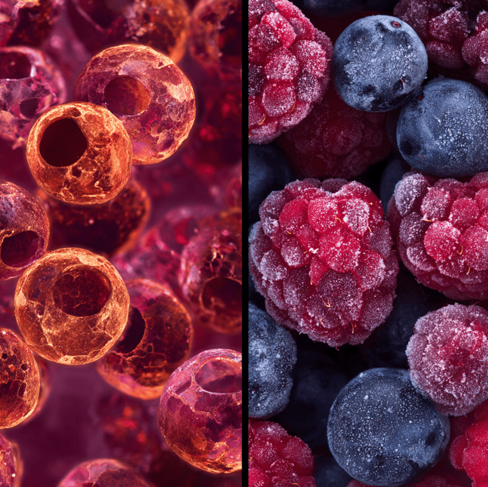 Close up of thawing berries with burst skins and released juice, demonstrating how ice crystals damage cellular structure during freezing.