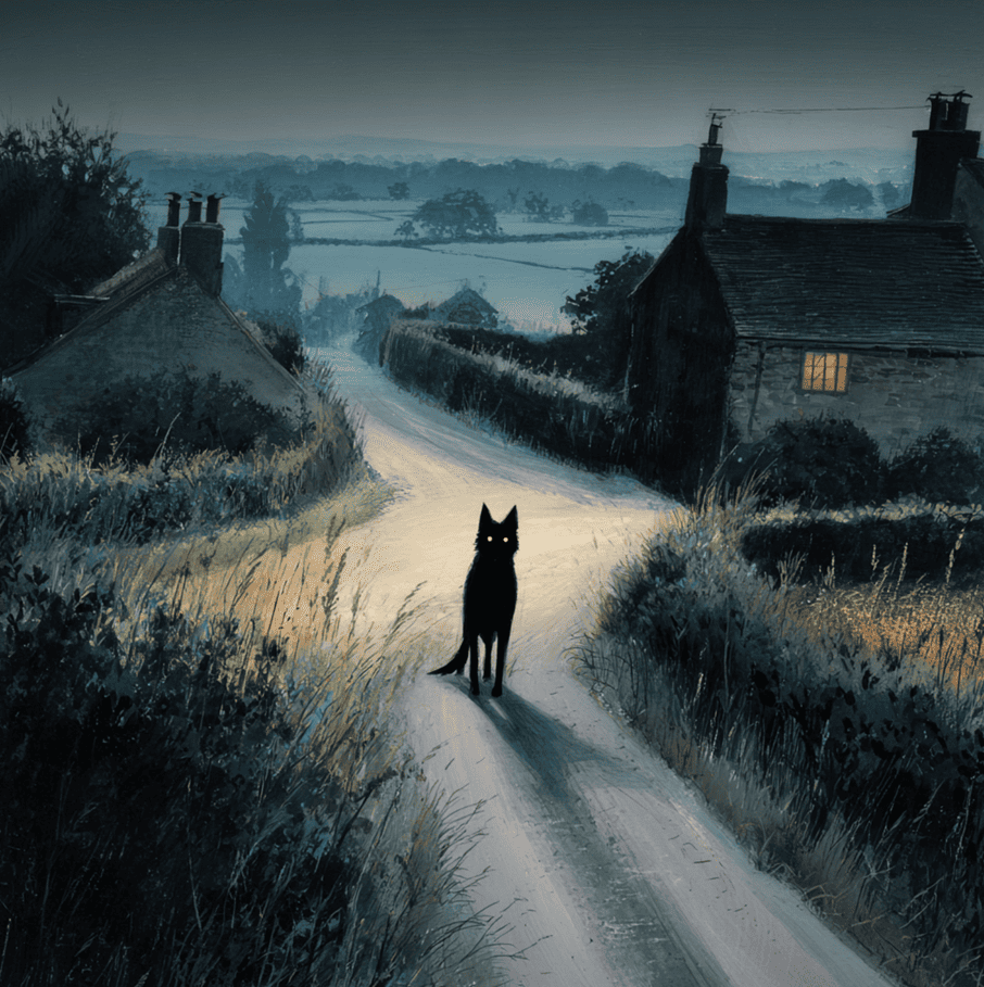 Large spectral black dog with glowing eyes standing on a moonlit British lane, representing the centuries-old black dog phenomenon.