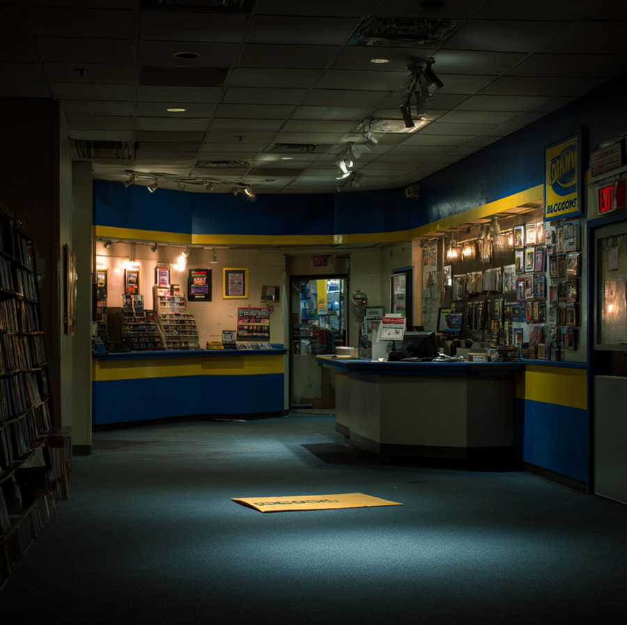 Blockbuster store interior with a DVD-by-mail envelope on the counter, symbolizing the company’s failed attempt to compete with Netflix.