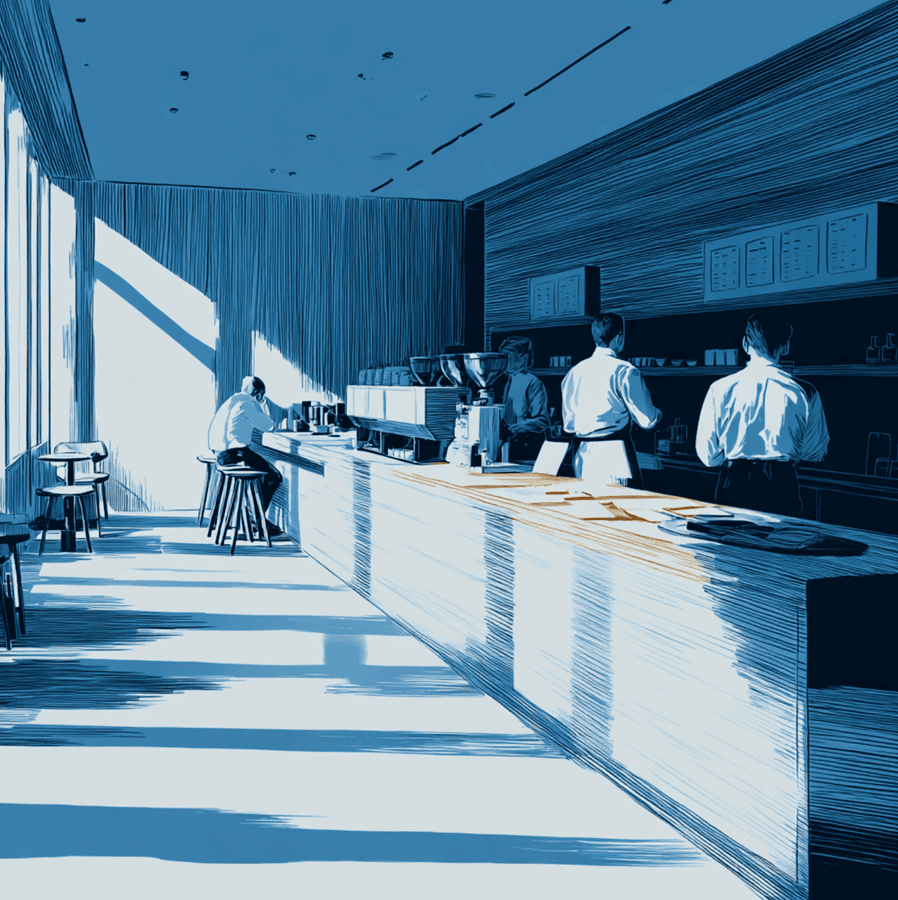 Blue Bottle café interior with baristas and paperwork, symbolizing layoffs, worker unrest, and cultural shifts within the company from 2022–2024.