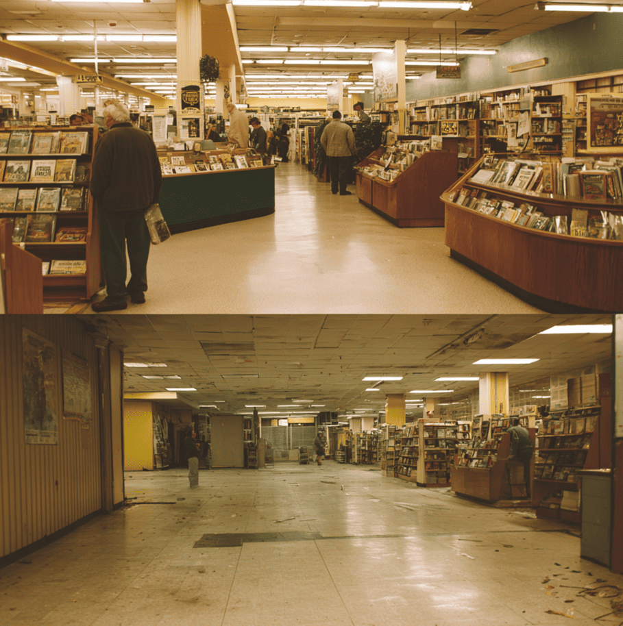 Vintage Borders bookstore interior contrasted with a closed, empty location representing the company’s rise and fall.