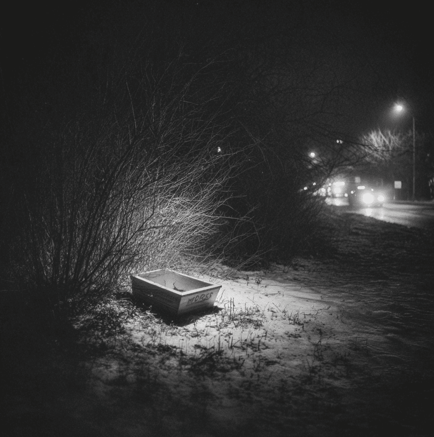 A cardboard bassinet box in a wooded area, representing the discovery of the 1957 Boy in the Box case.