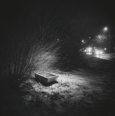 A cardboard bassinet box in a wooded area, representing the discovery of the 1957 Boy in the Box case.