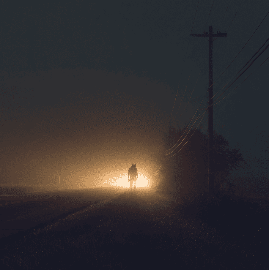 Upright wolf-like creature standing on a rural Wisconsin road, inspired by eyewitness accounts of the Beast of Bray Road.