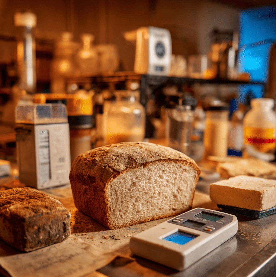 Commercial loaf of bread remaining mold-free beside a moldy homemade loaf, illustrating the chemical and environmental factors behind shelf stability.