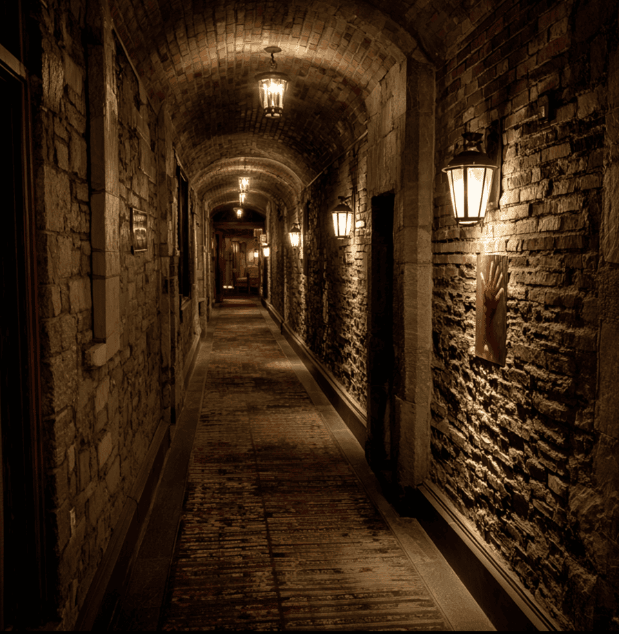 Bricked-over doorway on the eighth floor of Banff Springs Hotel with a faint ghostly handprint, referencing the legend of Room 873.