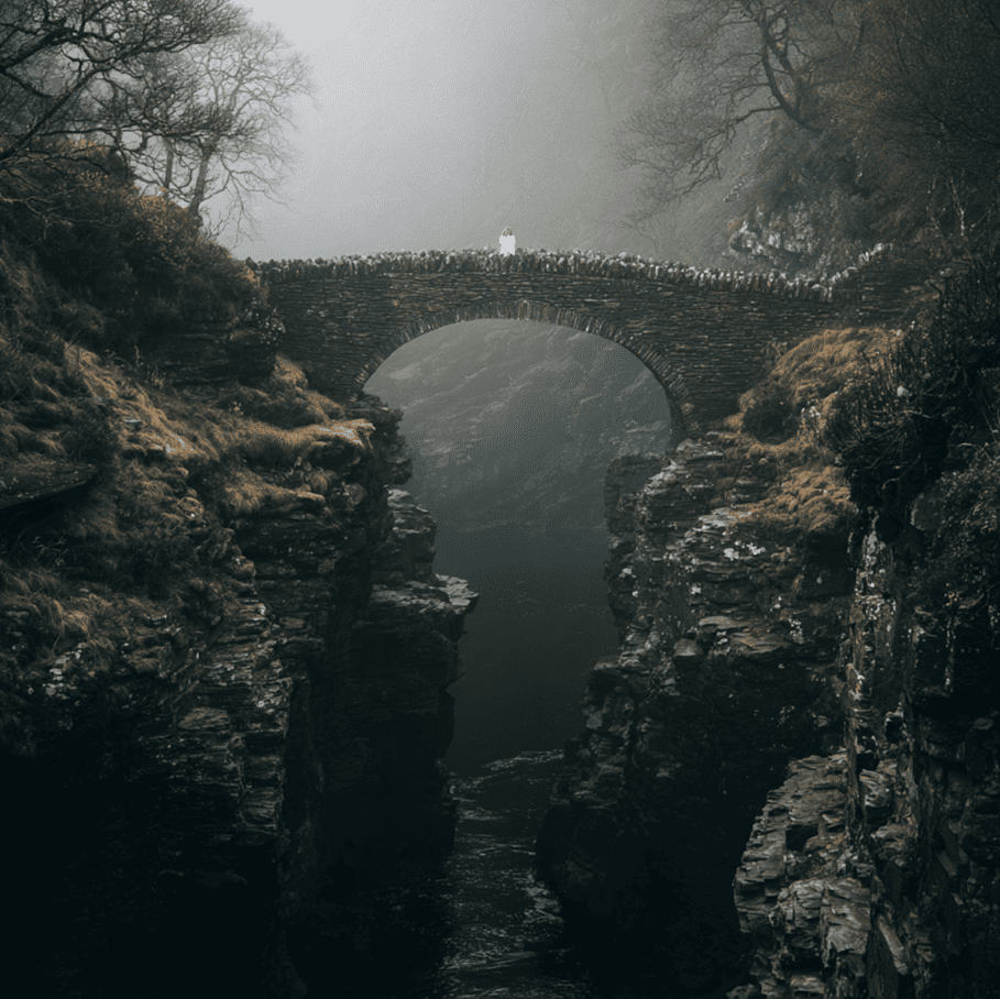 Misty Scottish stone bridge with a deep gorge below and a faint white silhouette, representing the Overtoun “Dog Suicide Bridge” mystery.