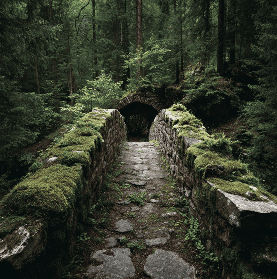 Straight medieval stone bridge without an arch spanning a narrow ravine, representing the structural mystery of the Ponte du Ruelle.