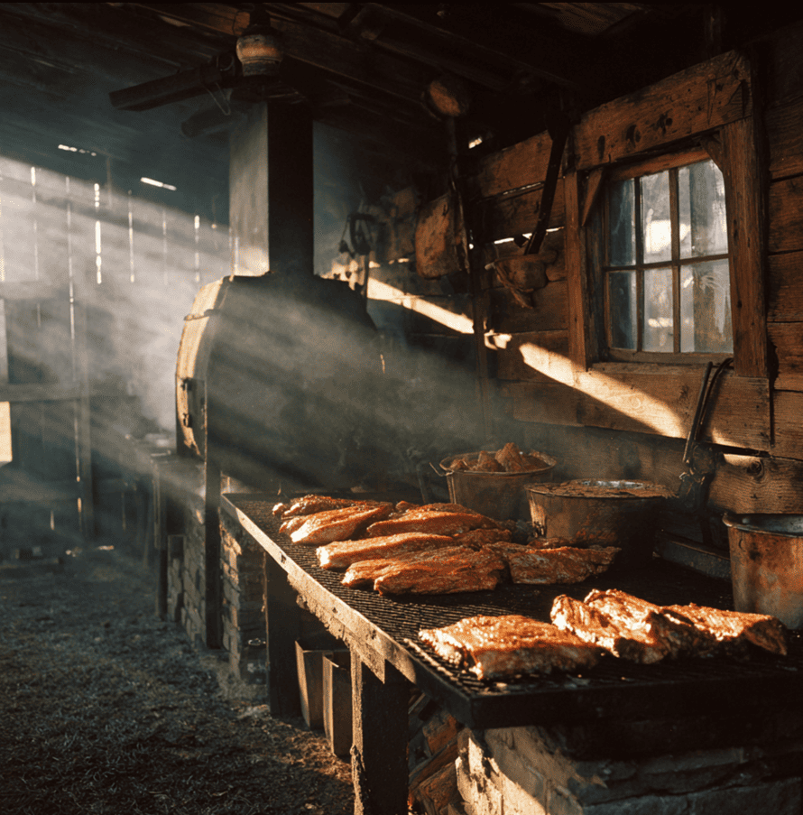 Vintage Texas smokehouse smoking brisket, representing its near extinction in the 1950s.