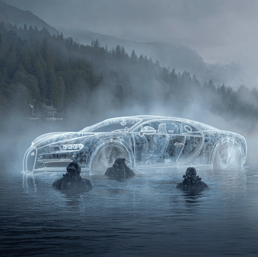 Recovered 1930s Bugatti Type 22 pulled from Lake Maggiore, rusted and chained, symbolizing the decades-old mystery of its vanished owner.