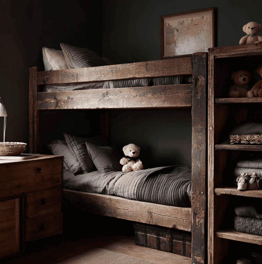 Haunted wooden bunk beds in a dim Wisconsin bedroom with a faint apparition in the hallway, representing the Tallman haunting.