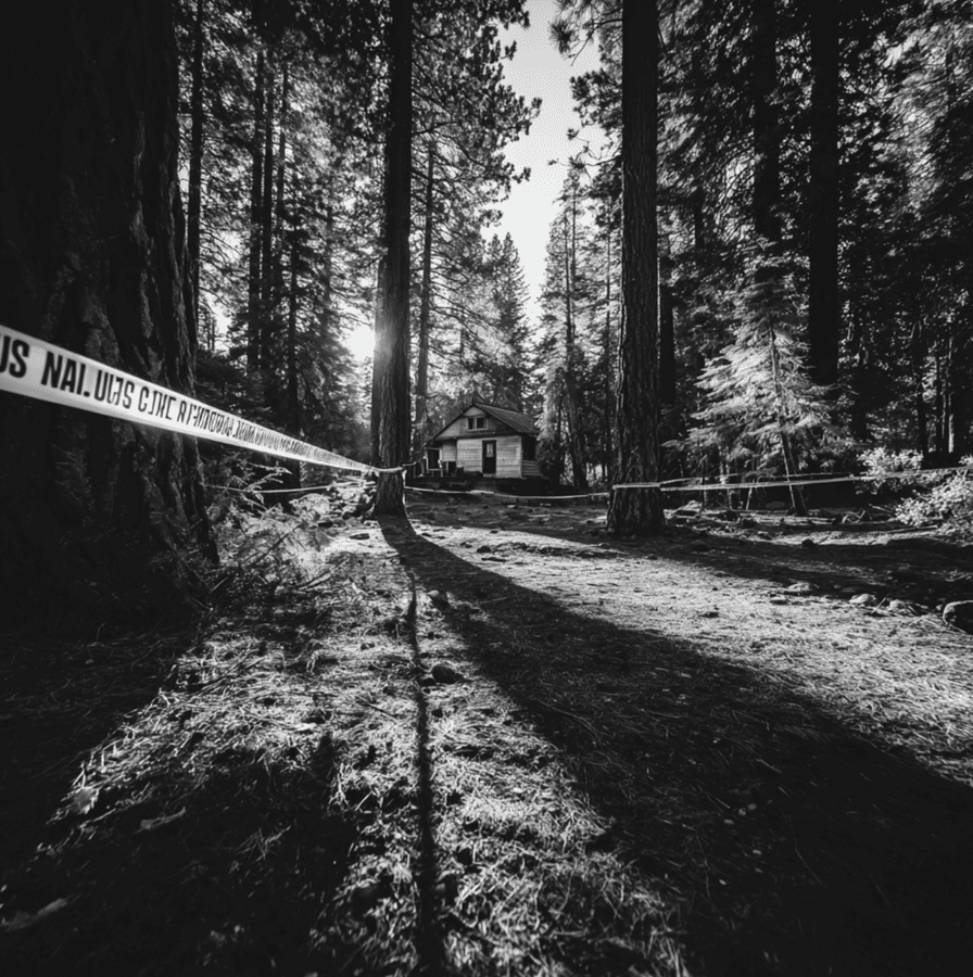 Dark forest clearing with faint police tape representing the unsolved Keddie Cabin murders of 1981.