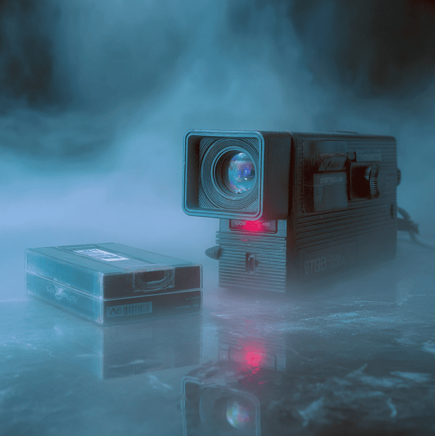 1990s camcorder with VHS-C tape showing eerie pre-activation footage anomaly in its lens reflection.
