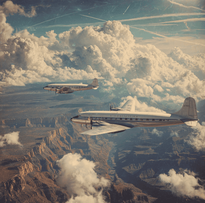 Grand Canyon aerial view with 1950s airliner silhouettes, representing the 1956 mid-air collision mystery