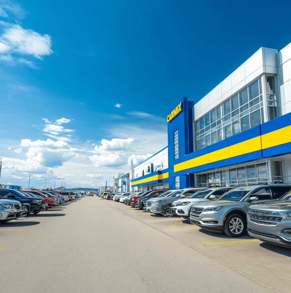 CarMax dealership lot with rows of cars and large blue CarMax sign representing the company’s impact on modern auto buying.