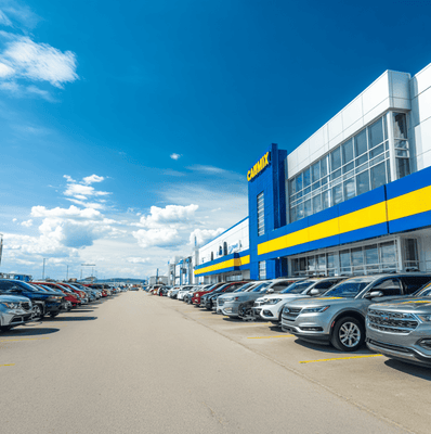 CarMax dealership lot with rows of cars and large blue CarMax sign representing the company’s impact on modern auto buying.