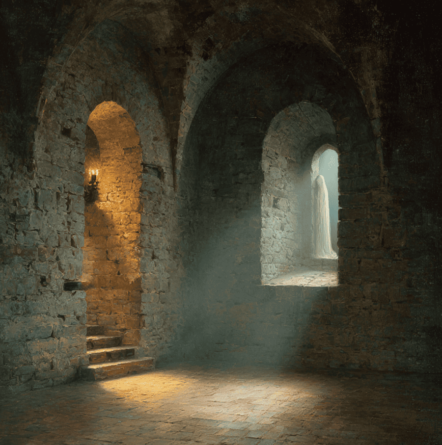 Veiled ghostly figure standing near a window inside Lublin Castle’s tower during a lightning storm.