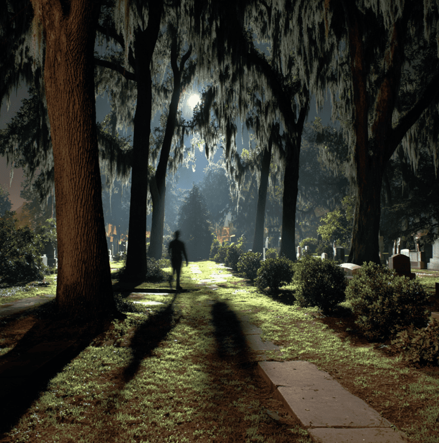 Tall shadow figure moving between headstones at Colonial Park Cemetery under moss-draped trees.