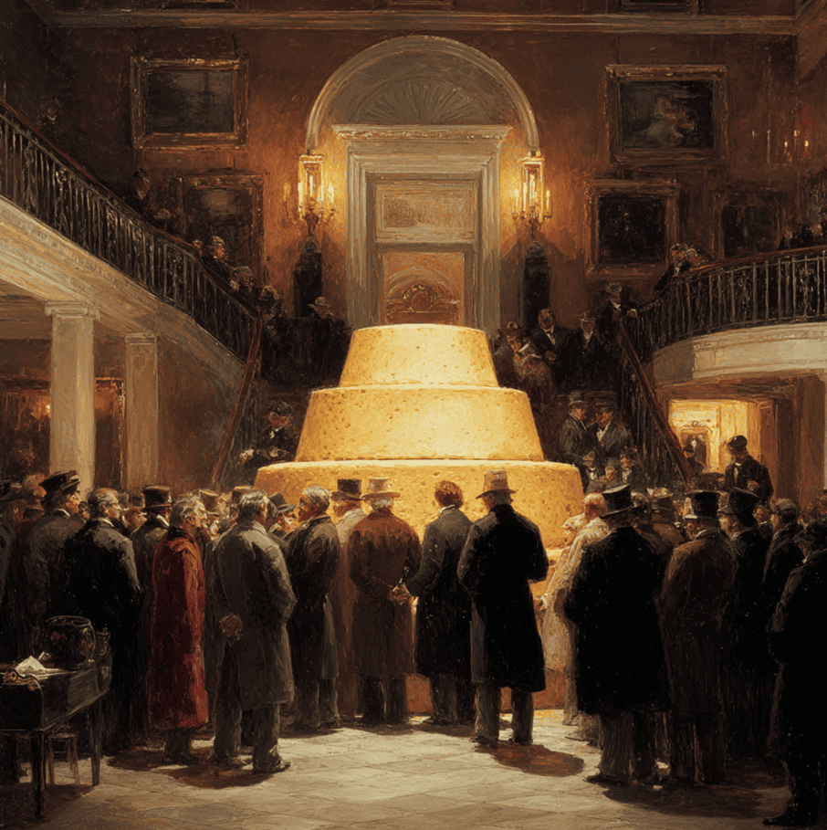 Massive 1,400-pound cheese wheel displayed in the 1830s White House, referencing Andrew Jackson’s Great Cheese Pyramid.