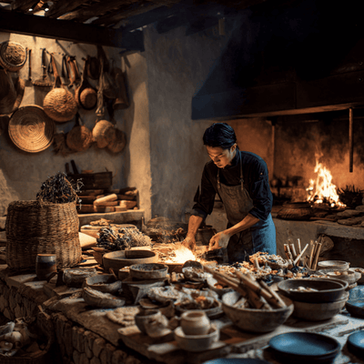 Chef cooking over an open fire and practicing revived food rituals inspired by ancient culinary traditions.