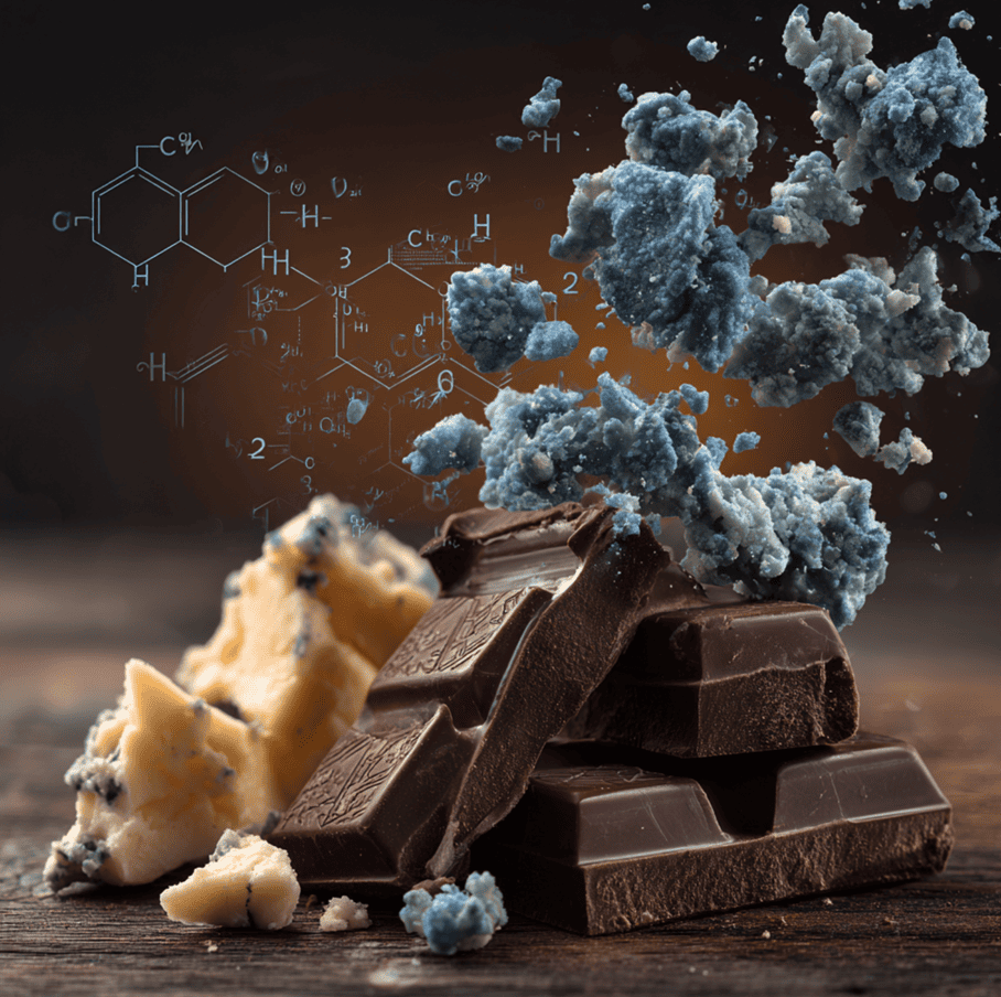 Dark chocolate and blue cheese shown side by side with methyl ketone molecular structures illustrating shared aroma chemistry