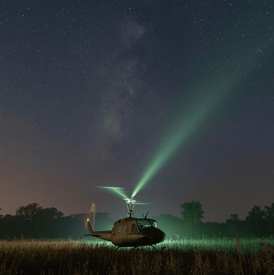 A UH-1 Huey helicopter encountering a silent UFO emitting a green beam during the 1973 Coyne incident.