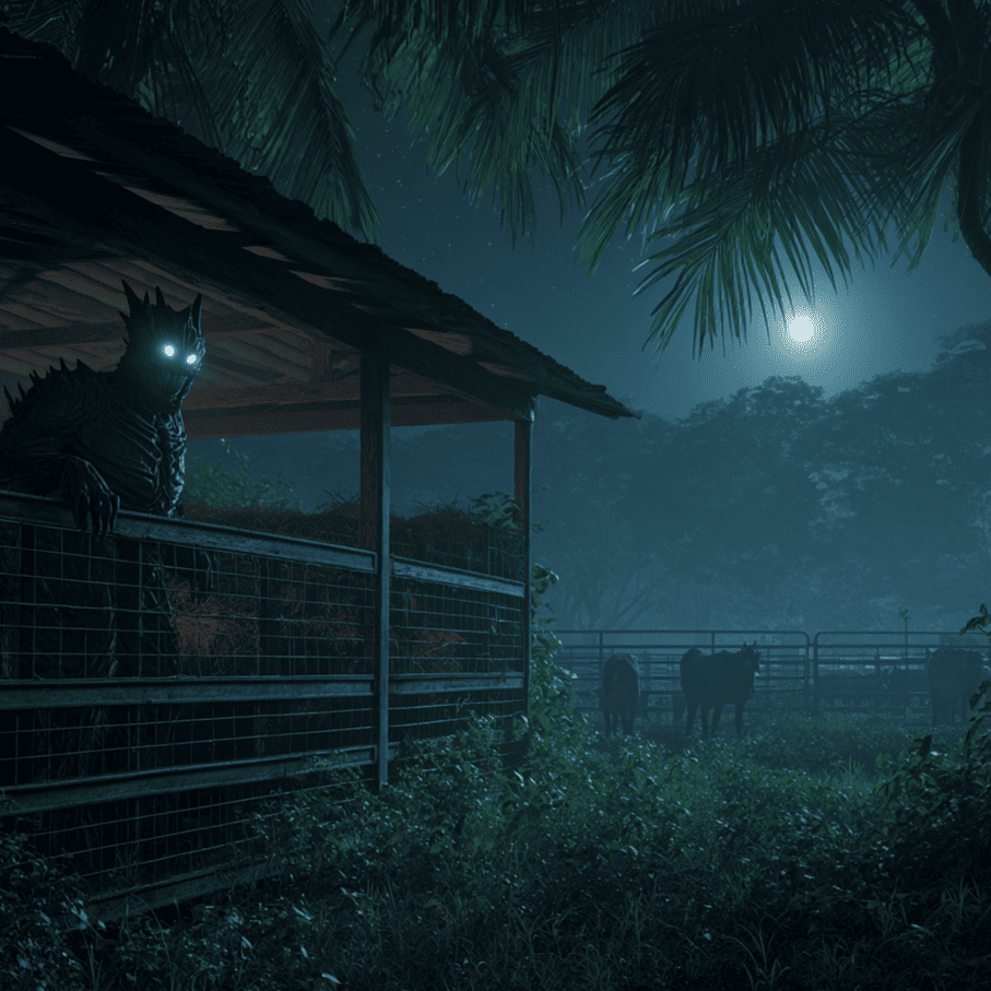 Spined chupacabra figure watching livestock at night — Puerto Rico to Southwest legend