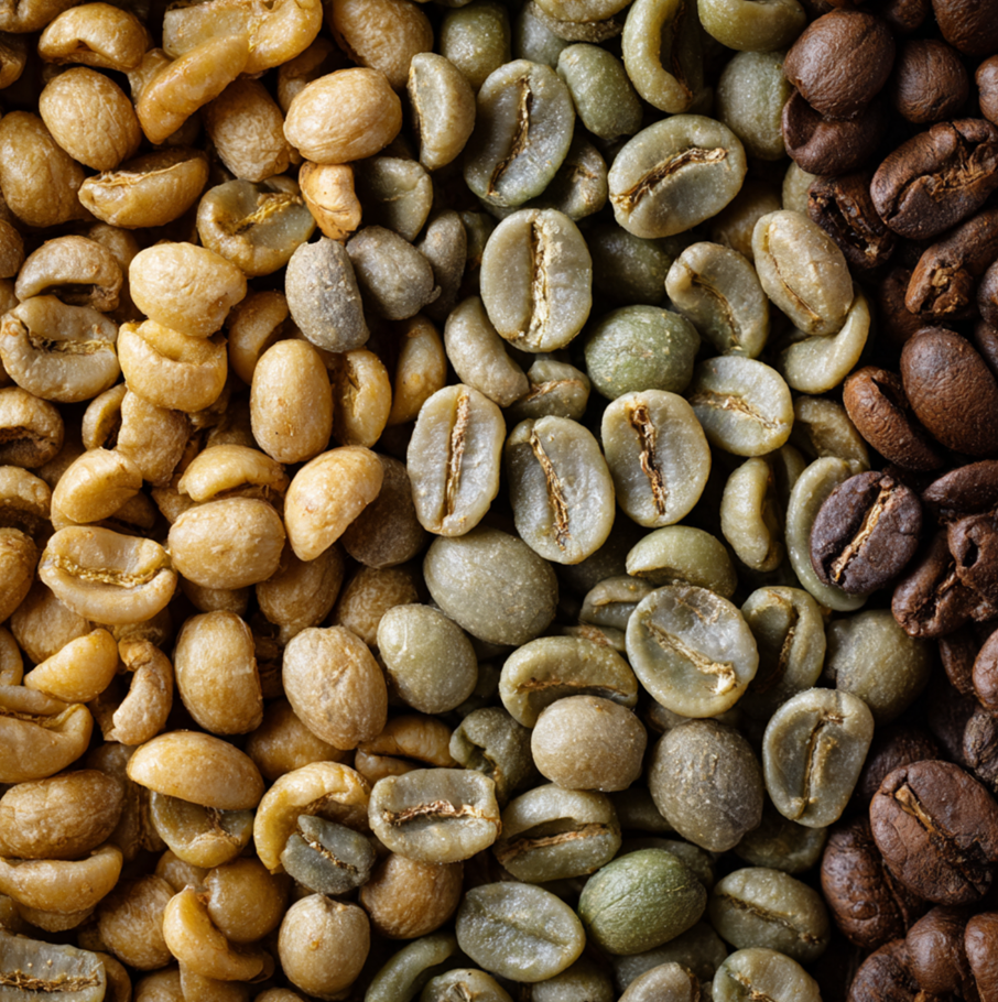 Different coffee processing styles displayed by green bean colors, from blue-green washed beans to yellow honey and brown natural beans.